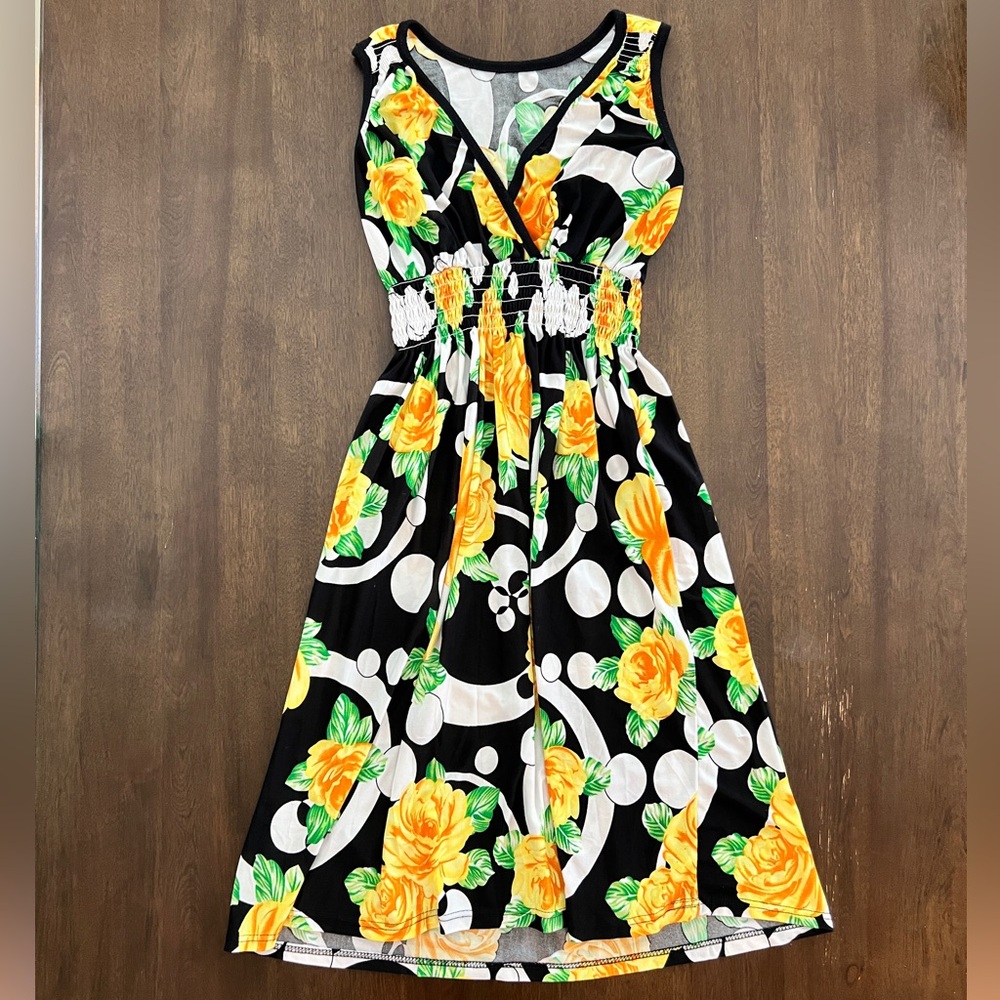 Floral Sleeveless Dress - Black and Yellow